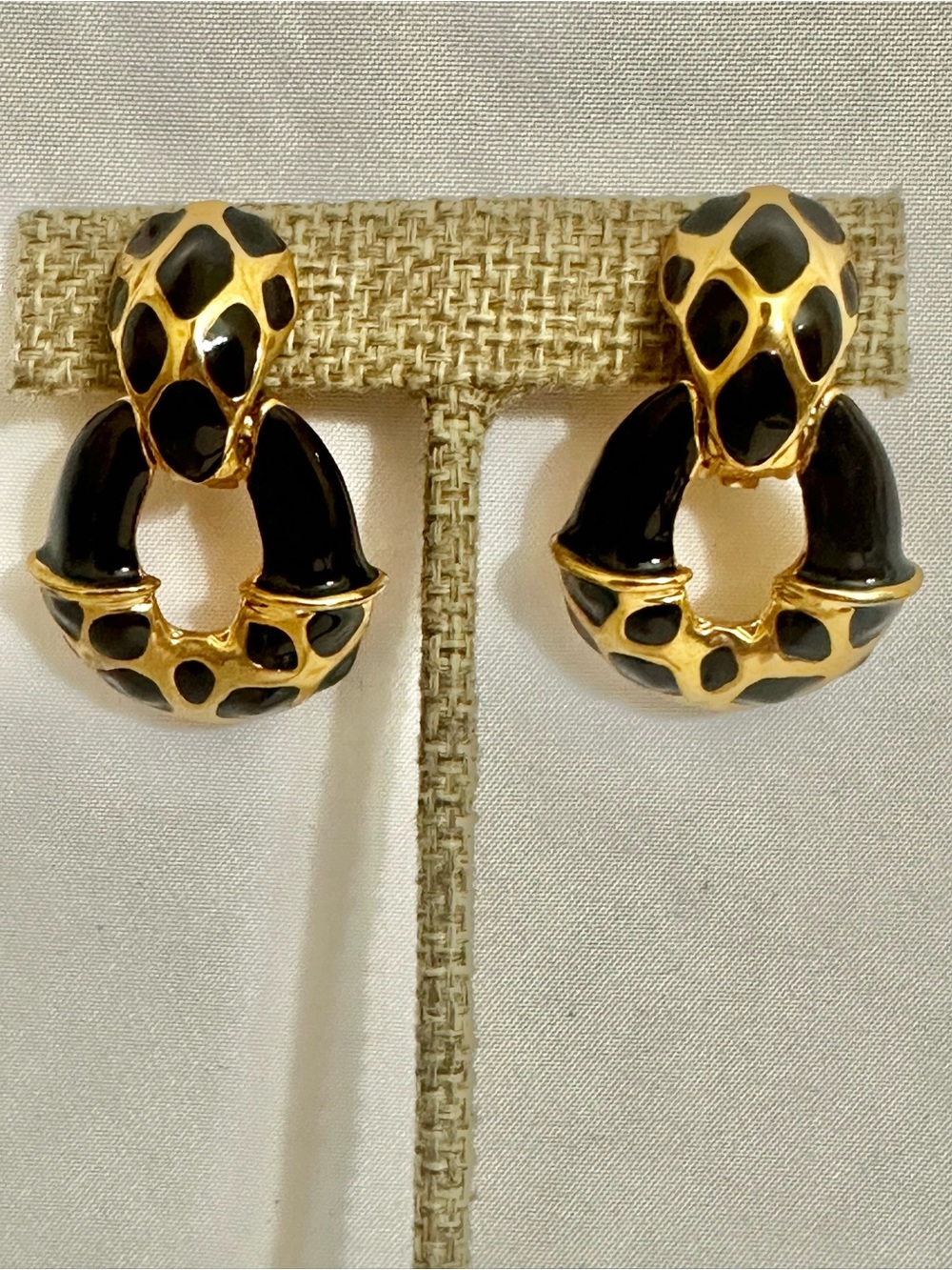 Vintage Gold Plated Black Enamel Statement Hoop Earrings